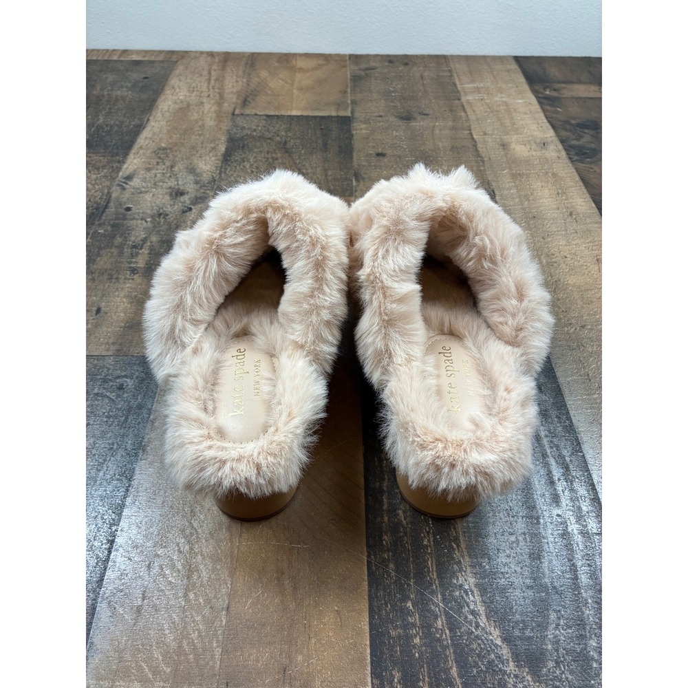 Kate Spade Faux Fur Suede Platform Mules Womens Beige Crystal Embellished Shoes - Picture 5 of 9